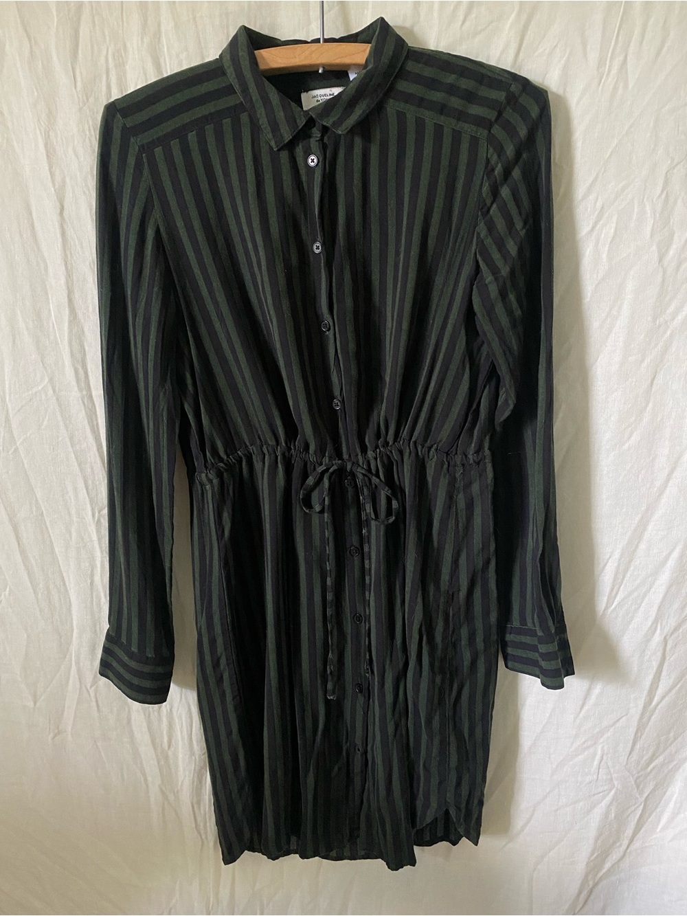 Striped Long-Sleeve Button-Front Drawstring Dress in Black and Dark Green